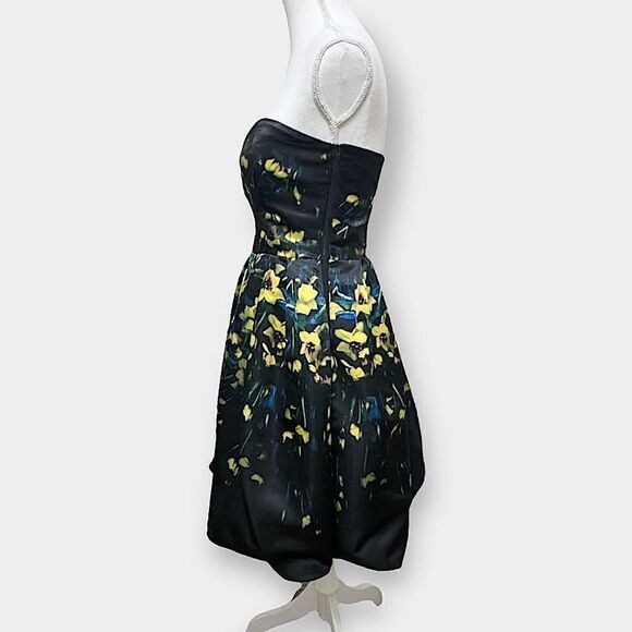 Parker Remi Black & Yellow Floral Satin Strapless Fit N Flare Cocktail Dress 2 - Picture 4 of 9